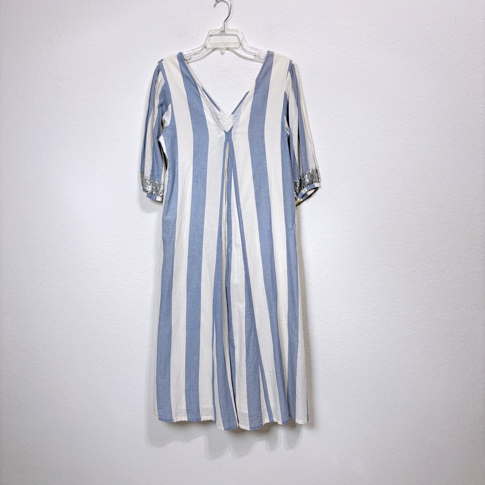 Pink Chicken Kinsley V-Neck Stripe Sequin Maxi Dress Coastal Blue White Women M